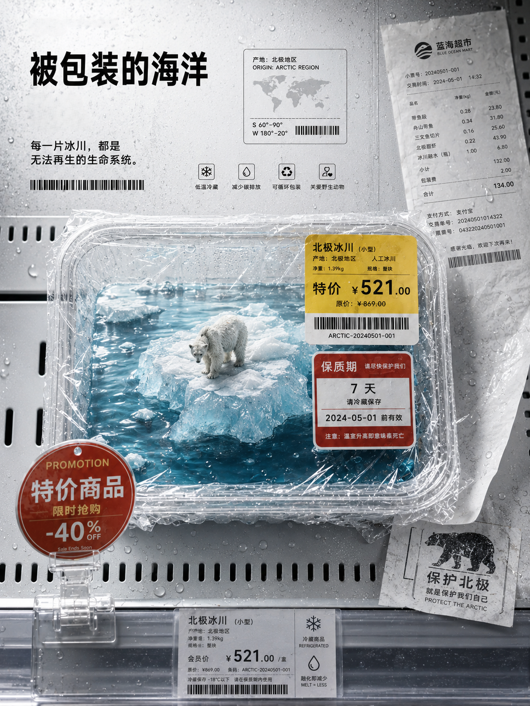 被包装的海洋系列海报：北极冰川与北极熊被置于冷鲜盒中