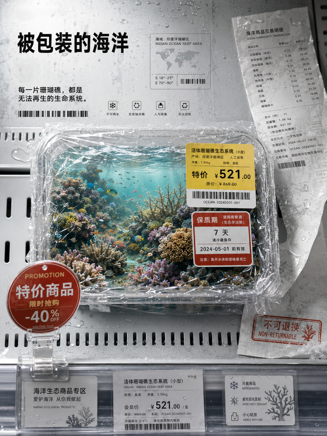 被包装的海洋系列海报：珊瑚礁被置于冷鲜盒中