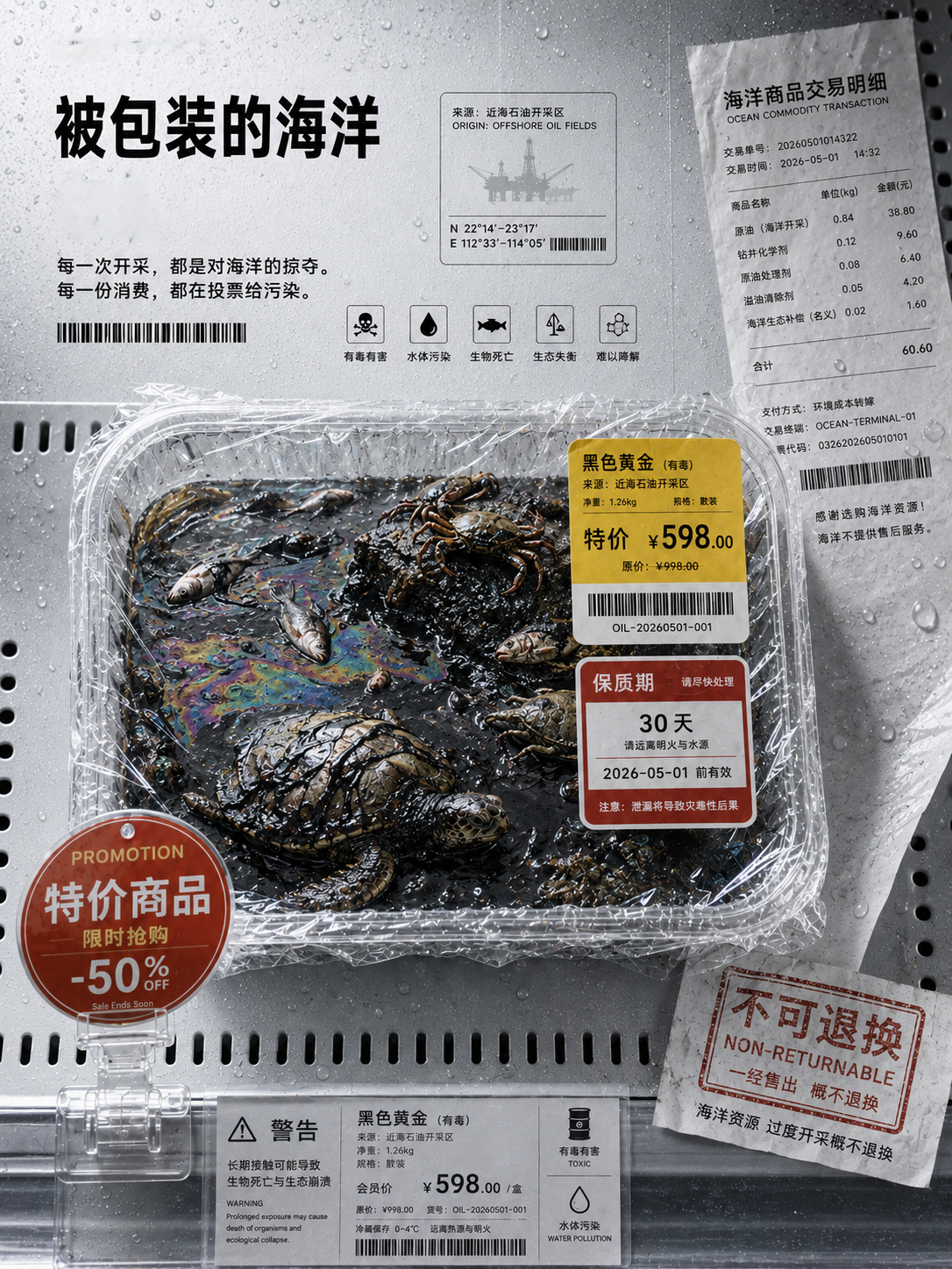 被包装的海洋系列海报：受石油污染的海洋生物被置于冷鲜盒中