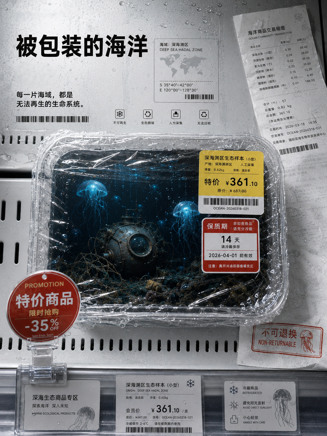 被包装的海洋系列海报：深海生态样本被置于冷鲜盒中