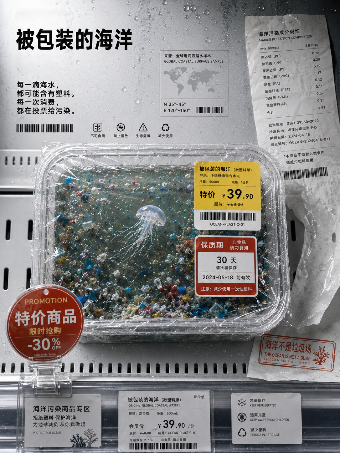 被包装的海洋系列海报：塑料污染海水与水母被置于冷鲜盒中